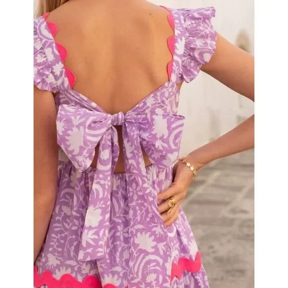 Pink City Prints Xanthe Dress Medium NWT Lilac Begonia Print Ruffle Rickrack - Picture 4 of 10